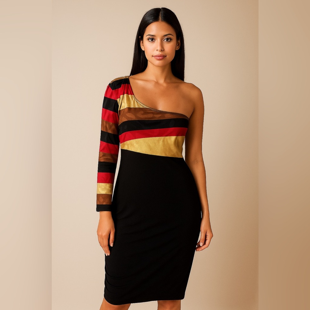 One Shoulder Party Dress Black Multi Metallic Striped Cocktail Evening Outfit L